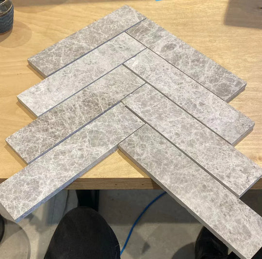 Tundra Grey Limestone Herringbone Mosaic Tile