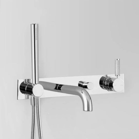 Icon + Lever Knurled Wall Set with Hand Shower, Diverter & Mixer on Backplate