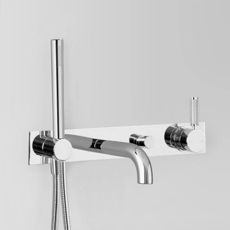 Icon + Lever Knurled Wall Set with Hand Shower, Diverter & Mixer on Backplate V4