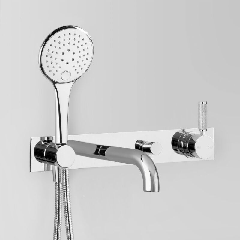 Icon + Lever Knurled Wall Set with Multi-Function Hand Shower, Diverter & Mixer on Backplate V5