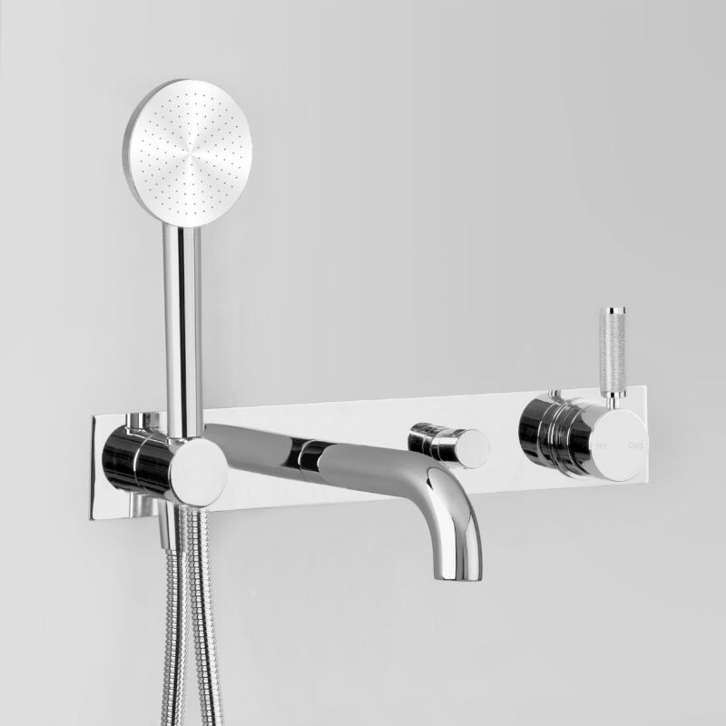 Icon + Lever Knurled Wall Set with Single-Function Hand Shower, Diverter & Mixer on Backplate V5M