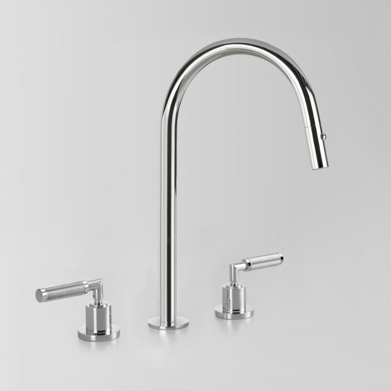 Icon + Lever Knurled Kitchen Tapset with Pull Out Dual Spray