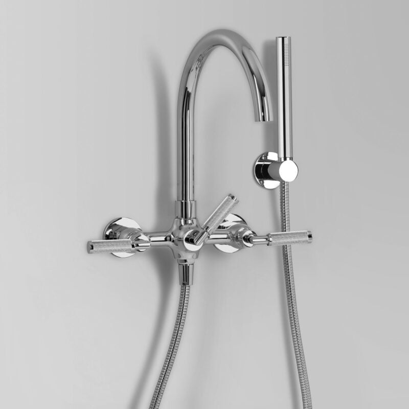 Icon + Lever Knurled Bath mixer with hand shower wall mount