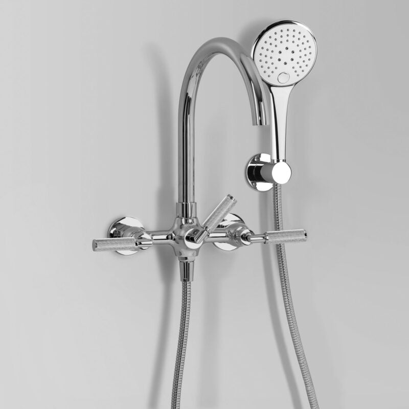 Icon + Lever Knurled Bath mixer with multi-function hand shower wall mount