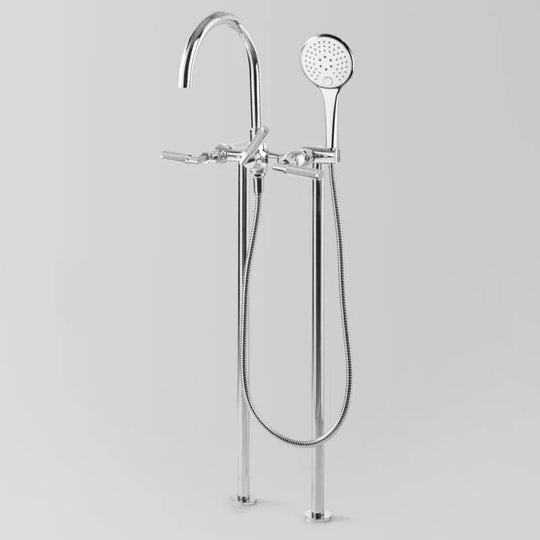 Icon + Lever Knurled Bath mixer with multi-function hand shower Floor mount V2