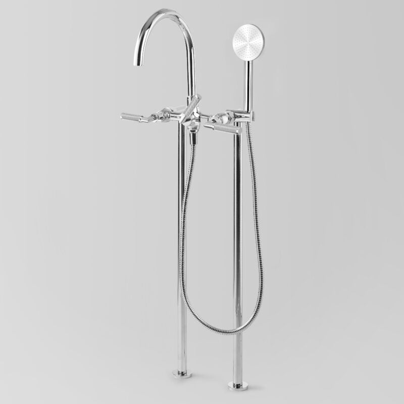 Icon + Lever Knurled Bath mixer with Single-function hand shower Floor mount