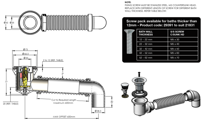 40mm Pop Down Bath Waste with Connector