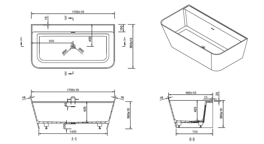 Hazel VX41-1700 Freestanding Stone Bath