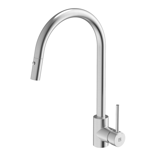 304 Gooseneck with Dual Spray Pull Out Function Brushed Steel Kitchen Mixer