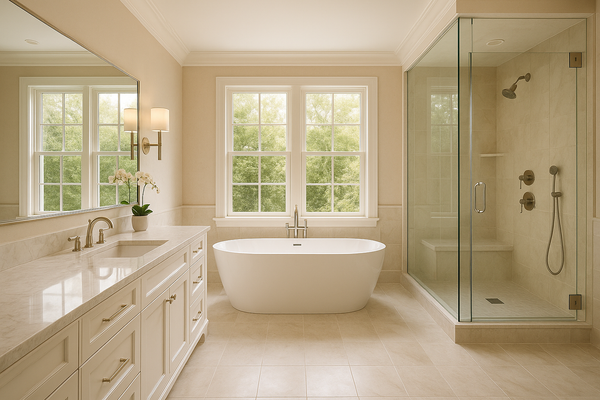 A newly renovated luxurious bathroom with natural lighting