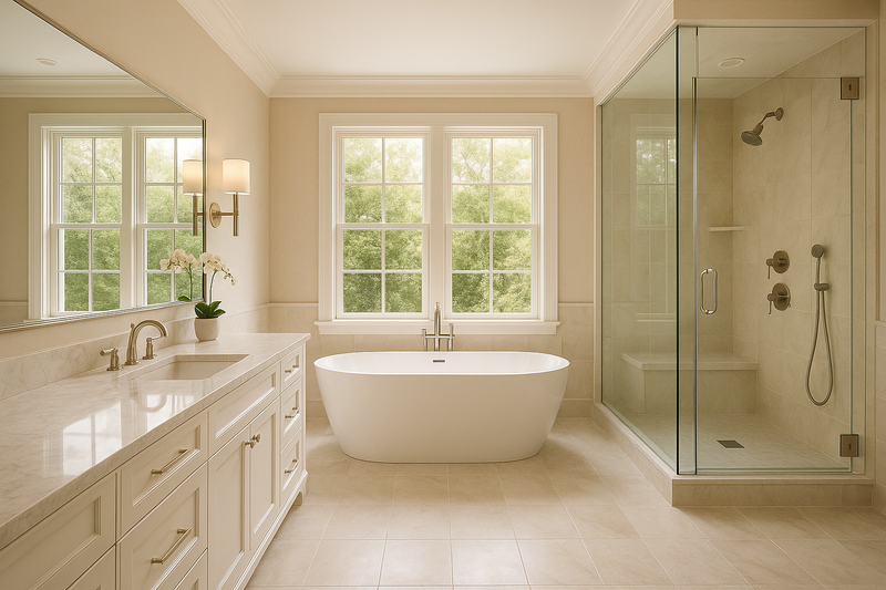 A newly renovated luxurious bathroom with natural lighting