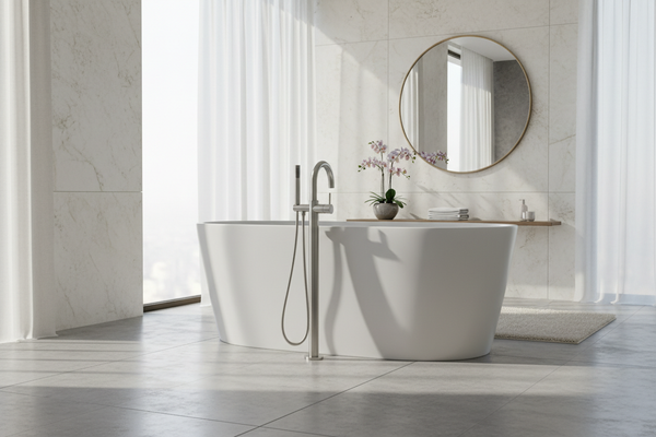 an image of a bath mixer and a bath tub in a natural lighting and luxurious bathroom setting