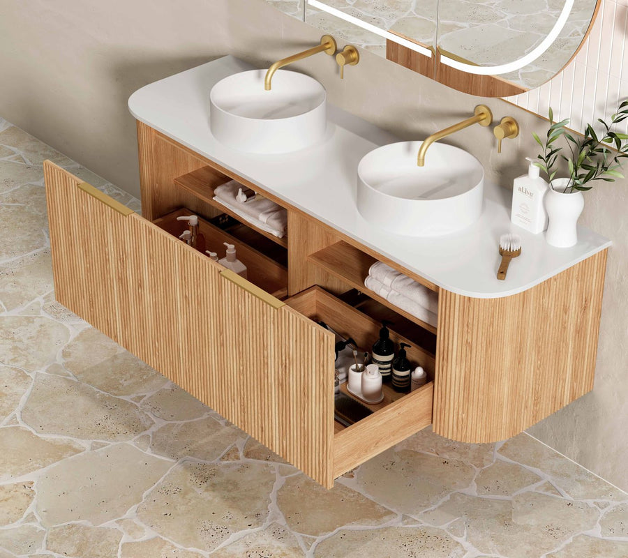 Bondi 1500mm Wooland Oak Fluted Wall Hung Curve Vanity