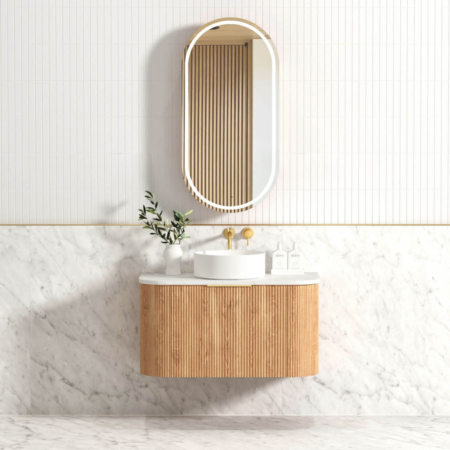 Bondi 900mm Wooland Oak Fluted Wall Hung Curve Vanity