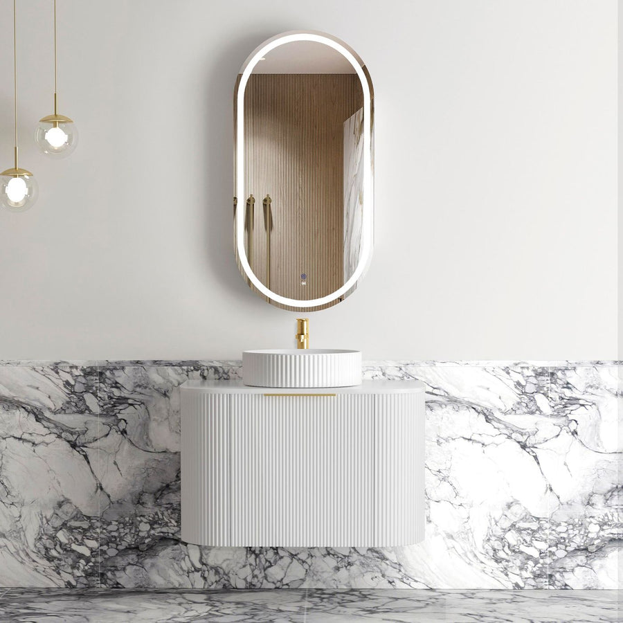 Bondi Fluted Satin White Wall Hung Curve Vanity