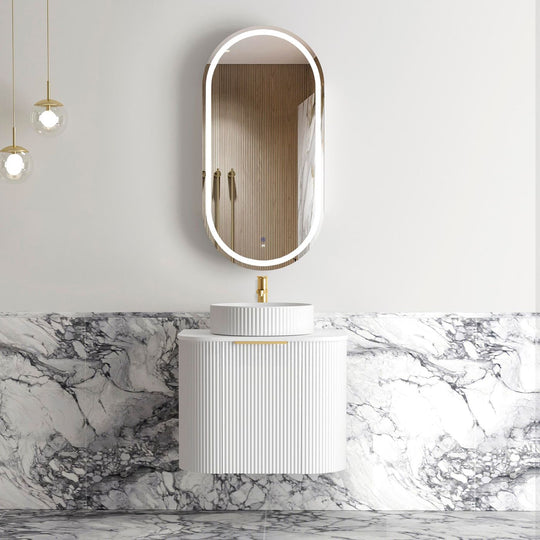 Bondi Fluted Satin White Wall Hung Curve Vanity