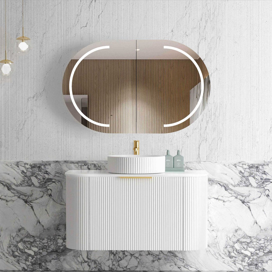 Bondi Fluted Satin White Wall Hung Curve Vanity